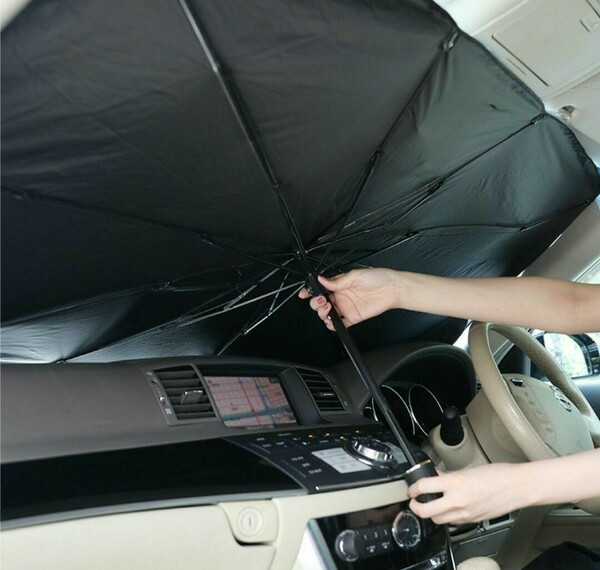 サンシェード 車用日除け 傘式 折りたたみ UVカット設置簡単 黒ブラック