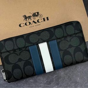 【新品】coach 財布 長財布 メンズ ブラック ブルー コーチ