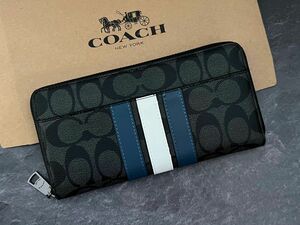 【新品】coach 財布 長財布 メンズ ブラック ブルー シグネチャー コーチ