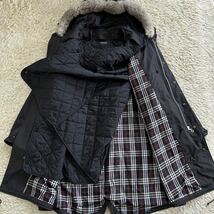 美品!! バーバリーブラックレーベル BURBERRY BLACK LABEL ロングコート ステンカラー M ノバチェック ラビットファー フード ライナー 黒_画像3