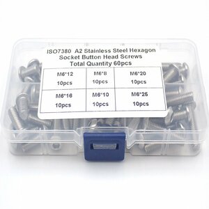 六角 ねじ 60PCS セット M6 8mm 10mm 12mm 16mm 20mm 25mm ボルト 丸頭 ステンレス DIY 工具 ネジ 収納ケース付