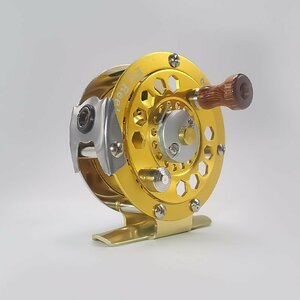 フライリール 65mm 1:1 BF600 ドラグ付 波堤 落とし込み チヌ フライフィッシング ゴールド 釣り用品 釣り 木製ハンドル