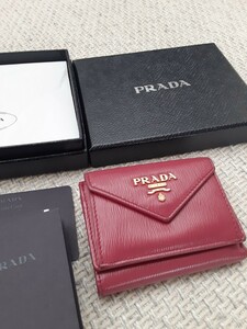 良品 PRADA プラダ サフィアーノ ミニウォレット コンパクト 三つ折り財布 レザー ピンク ゴールド 正規品