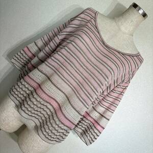 B854 beautiful goods!#K.T LINO* pink & beige other / flax mesh & race *7 minute sleeve wide knitted #9