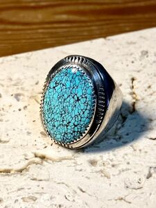 1970s《old NAVAJO》 Indian jewelry《BIG turquoise》RING Spyder Web【925 Sterling】 Arizona new Mexico vintage size US10
