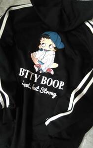 レディース☆BETTYBOOP ☆可愛い！お座りベティちゃん♪イラスト入りお袖白色ボーダーの黒色ジップパーカーです(o^―^o)大きいサイズ３L☆