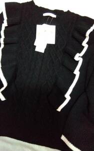 ☆レディース☆ CHIPCLIP ☆あいちゃん♪胸元にケーブル柄フリル付き黒色ニットセーターです(o^―^o)大きいサイズ４Ｌ☆新品☆