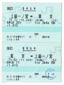 特急わかしお号　東京⇔上総一ノ宮　マルスＢ特急券２枚セット　平塚駅