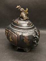 香炉　獅子蓋　高岡銅器　名工・大峰作　蝋型青銅製　仏具　骨董　装飾品　置物　美品　　_画像2