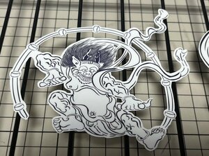 日本画オリジナルステッカー　風神雷神モノクロセット　イラストB　Lサイズ　UV耐水　輪郭カット済み