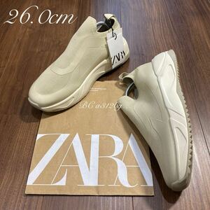 新品 ZARA ソックライナースニーカー 26.0cm 40 BEIGE メンズ ザラ スニーカー シューズ 伸縮素材 やや厚底 タグ付き