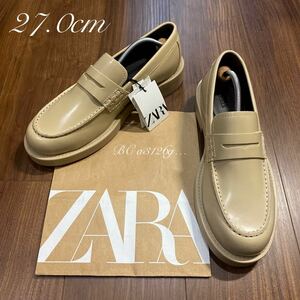  новый товар ZARA 100% натуральная кожа монета Loafer 27.0cm 41 BEIGE мужской Zara кожа обувь low cut обычная цена 13990 иен с биркой 