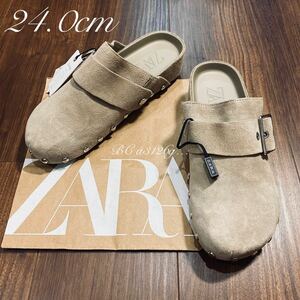  new goods ZARA original leather clog sandals 24.0cm 37 SUEDE BEIGE lady's Zara leather sandals shoes studs attaching Birkenstock type 