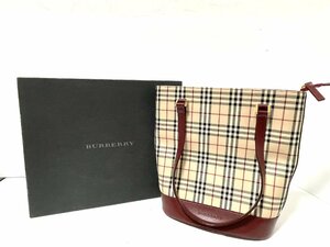 [ прекрасный товар ]BURBERRY Burberry большая сумка портфель проверка парусина кожа бежевый бордо 