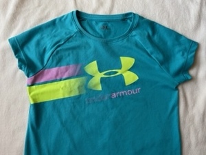  Under Armor * короткий рукав футболка * девушки YLG/150* красивый бледно-голубой * желтый цвет розовый Logo Mark * рубашка с коротким рукавом *UNDER ARMOUR