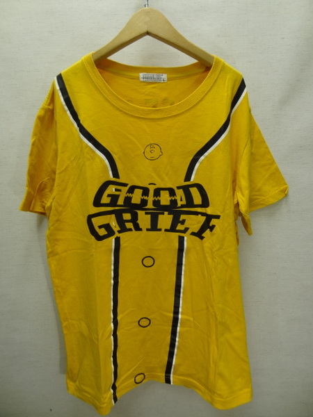 全国送料無料 ピーナッツ PEANUTS チャーリーブラウン メンズ 綿100% 野球シャツ風プリント 半袖 黄色 Tシャツ L