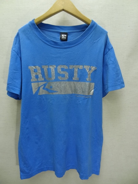 全国送料無料 ラスティ RUSTY メンズ&レディース BIGシルバー色 ロゴプリント 半袖 青色 サーファーTシャツ Sサイズ