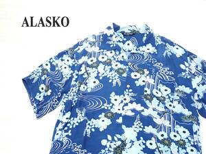 ☆ALASKO　☆和装柄　☆着物柄　☆菊の花　☆アロハシャツ　☆ココナッツボタン　☆ブルー　☆ネイビー　☆メンズ　☆大寸　☆3L