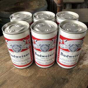 即決1 Budweiser 旧ロゴ プルトップ バドワイザー ヴィンテージ ビール缶 空き缶 バンド付き 6個セット / ガレージ カフェバー パーツ 看板