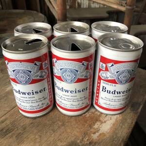 即決2 Budweiser 旧ロゴ プルトップ バドワイザー ヴィンテージ ビール缶 空き缶 バンド付き 6個セット / ガレージ カフェバー パーツ 看板