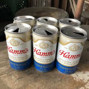 即決３ Hamms 旧ロゴ プルトップ ハムズ ヴィンテージ ビール缶 空き缶 バンド付き 6個セット / ガレージ カフェバー パーツ アメリカ 看板