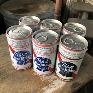 即決5 Pabst 旧ロゴ プルトップ パブストブルーリボン ヴィンテージ ビール 空き缶 バンド付き セット / アメリカンガレージ バー 看板