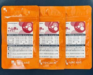 【送料無料】ヘム鉄&ビタミン　約3ヶ月分(1ヶ月分30粒入×3袋)　鉄分 葉酸 ビタミンC 健康食品　サプリメント　オーガランド