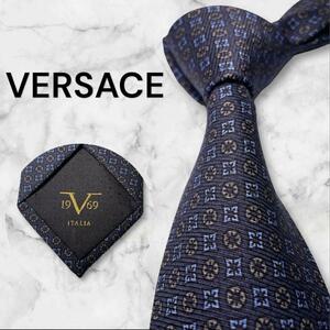 728.VERSACE ベルサーチ　ヴェルサーチ　ネクタイ シルク 小紋柄　総柄 ネイビー 高級感