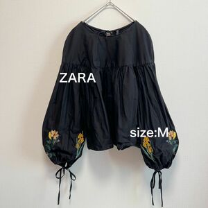 ZARA ブラックブラウス 刺繍チュニック 長袖チュニック 長袖ブラウス 刺繍トップス Mサイズ