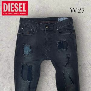 DIESEL ストレッチ デニムパンツ TEPPHAR W27 ブラック ディーゼル ジーンズ ダメージ加工 クラッシュ加工 黒 テーパード