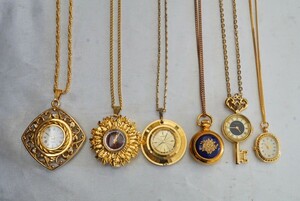 F1005 Gold color pendant necklace pocket watch 6 point set quartz Vintage accessory large amount together . summarize immovable goods 