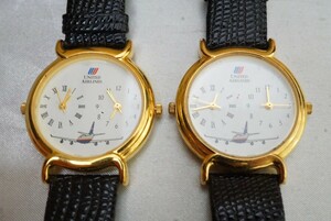 F1105 ユナイテッド航空/UNITED AIRLINES ゴールドカラー メンズ 腕時計 2点 クォーツ アクセサリー まとめて おまとめ まとめ売り 不動品