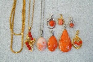 B1205ps.@.. red .. pendant Vintage accessory large amount set together . summarize set sale necklace coral coral 