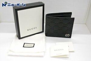 1B491★GUCCI グッチ 二つ折り財布 473922 グッチシマ シグネーチャー ブラック ★USED★＜ニューポーン＞