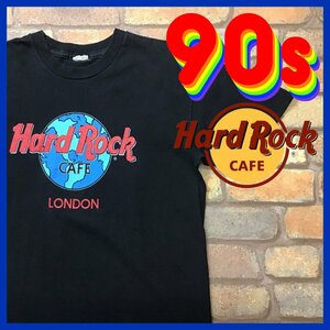 ME10-404★希少・レア★90's★【Hard Rock CAFE】LONDON 地球ロゴ オフィシャル Tシャツ【メンズ M】半袖 音楽 ロック 古着 ブラック