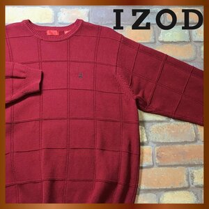 ME8-674★コンディション◎★USA買付&正規品★【IZOD アイゾッド】格子柄 コットンセーター【メンズ L】赤 ニット 刺繍ロゴ ゴルフ