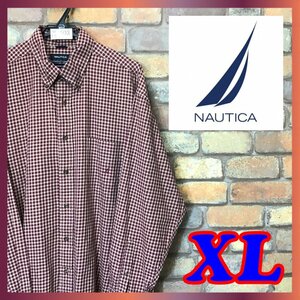 ME9-503★オーバーサイズ★US古着★好配色【NAUTICA ノーティカ】コットン100% ボタンダウン チェックシャツ【メンズ XL】赤 ベージュ 長袖