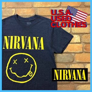 ME12-054★USA直輸入★【NIRVANA】スマイリーフェイス フロント プリントTシャツ【メンズ M】杢ネイビー バンドT ロックT カートコバーン