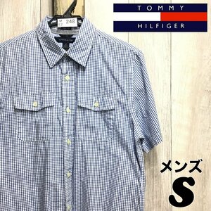 ME2-248★USA買付商品★ブルー★【TOMMY HILFIGER トミーヒルフィガー】2ポケット チェック 半袖 コットンシャツ【メンズ S】青 薄手 古着