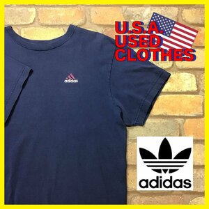 ME12-091★USA買付品★USA製【ADIDAS アディダス】パフォーマンスロゴ 胸刺繍ロゴ Tシャツ【メンズ L】ネイビー 良フェード 古着 OLD