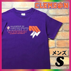 ME4-486★良品★USA買付★【クレムソン大学】カレッジ ロゴプリント 半袖 Tシャツ【メンズ S】紫 タイガース アメフト アメリカ古着