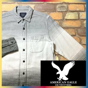 ME9-007★GOODデザイン★良品★【American Eagle アメリカンイーグル】グラデーションボーダー 長袖 ネルシャツ【メンズ XS】グレー 古着