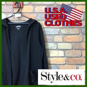 ME11-845★USA買付商品★美USED★【Style&co Sport】フード付 スウェットカーディガン【PL】ブラック パーカー USA古着 袖ロールアップ可能