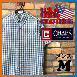 ME3-401◆状態良好・良色◆USA直輸入!!◆【CHAPS チャップス】片ポケット チェック 半袖 ポリエステルシャツ【メンズ M】ブルー 灰 古着