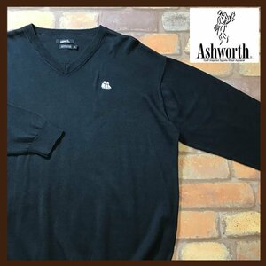 ME7-847★アメリカンBIGサイズ★【Ashworth アシュワース】マーセライズドコットン Vネック セーター【メンズ XL】黒 ニット 薄手 ゴルフ