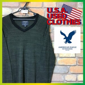 ME6-686★USA古着★【AMERICAN EAGLE アメリカンイーグル】MIXカラー Vネック ラグランセーター【メンズ M】緑×黒 ニット 薄手 アメカジ