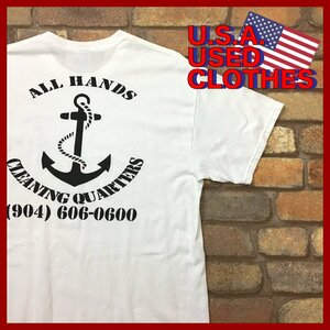 ME11-024★USA直輸入!!★状態良好★【All Hands Cleaning Quarters】ホワイト 両面プリント USA企業 半袖 Tシャツ【メンズ L】古着