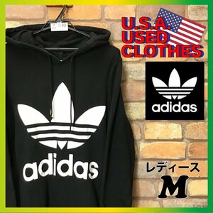 ME6-040◆USA仕入れ◆美品◆定番 人気【adidas アディダス オリジナルス】デカロゴ フーディー【レディース M】黒 パーカー スウェット