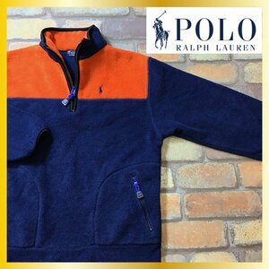 ME7-710★状態良好★USA購入&正規品【Polo by Ralph Lauren ポロラルフローレン】ハーフジップ フリースジャケット【ユース S 130】紺×橙