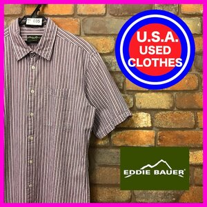 MS1-035★USA直輸入★【Eddie Bauer】ストライプ 胸ポケット 半袖シャツ【メンズ TM】レッド アメカジ ストリート アウトドア